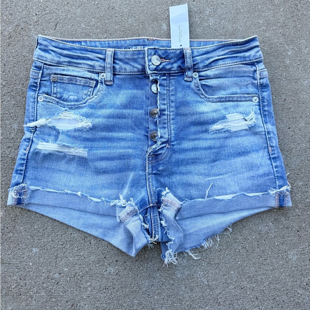 NWT American Eagle Blue Denim Frayed Distressed Shorts size US 8